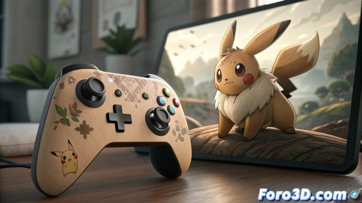 Mando Hori Eevee para Nintendo Switch mostrando su diseño colorido con ilustraciones del Pokémon y sus evoluciones, junto a una consola Switch en modo portátil