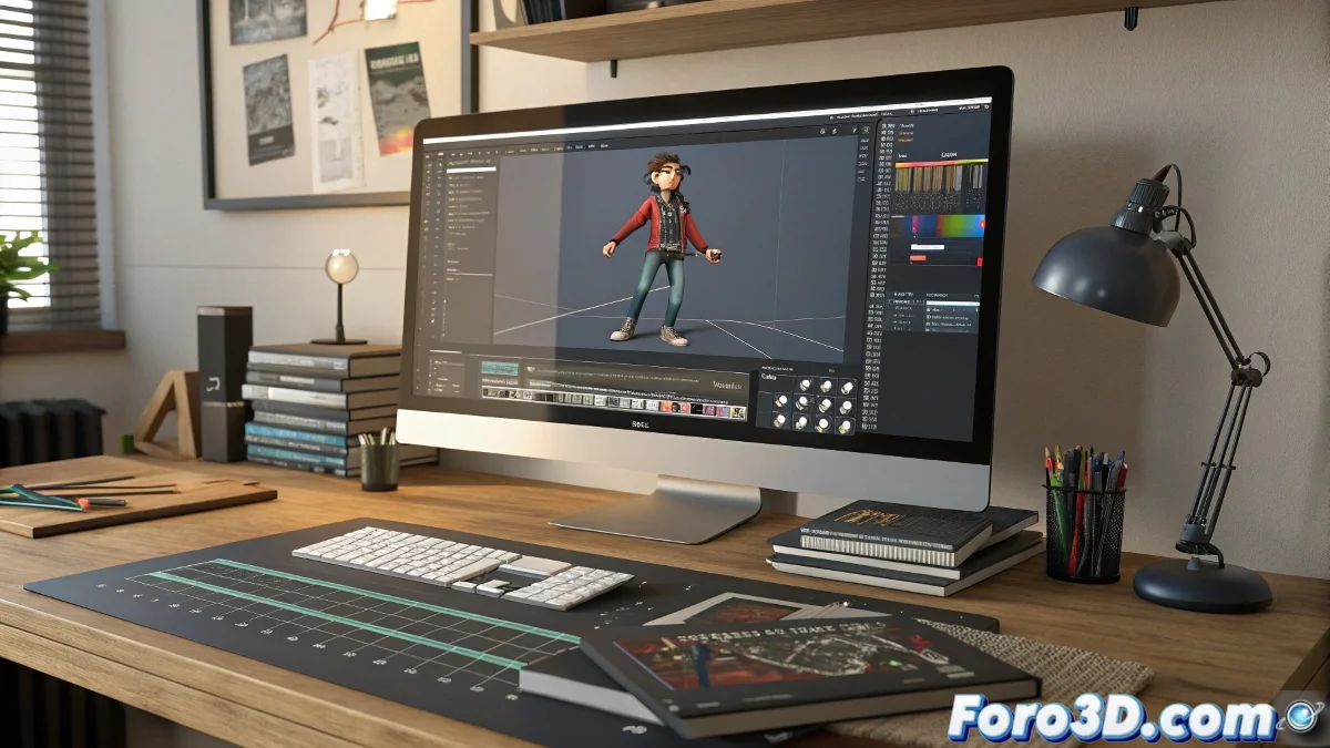Animador trabajando en software 3D mostrando simultaneamente ventanas de animacion y rigging con controladores visibles.