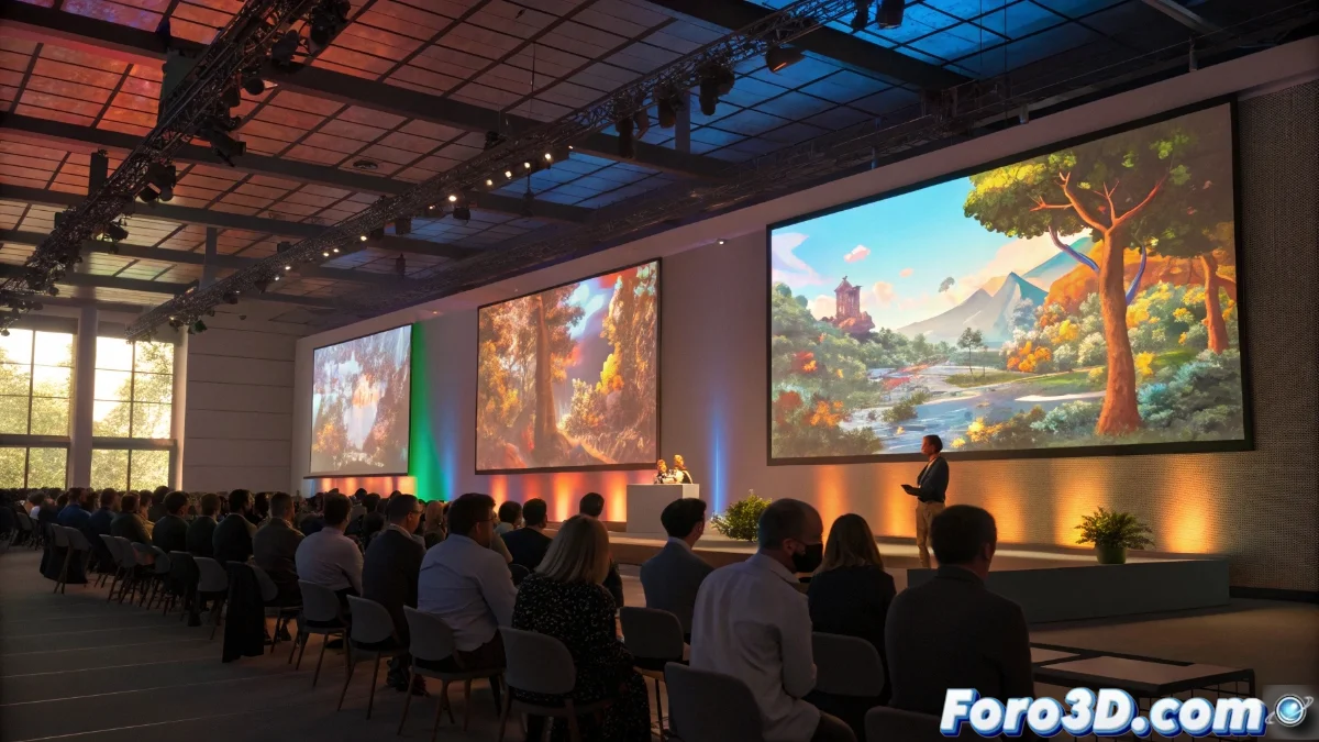 Auditorio lleno durante una conferencia de Animar_BCN con pantallas gigantes mostrando animaciones 3D y asistentes interactuando con dispositivos digitales.