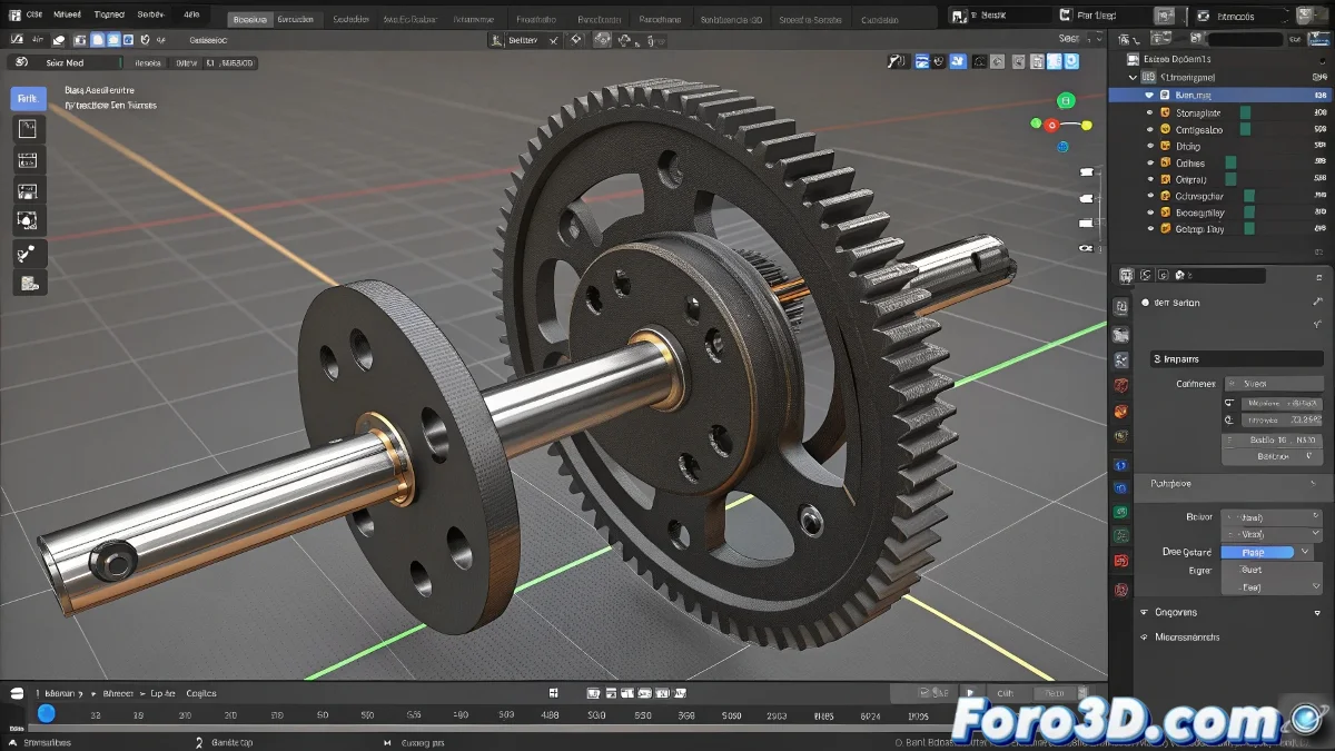 Vista 3D en Blender mostrando una leva animada moviendo una varilla mediante drivers, con el editor de gráficos visible