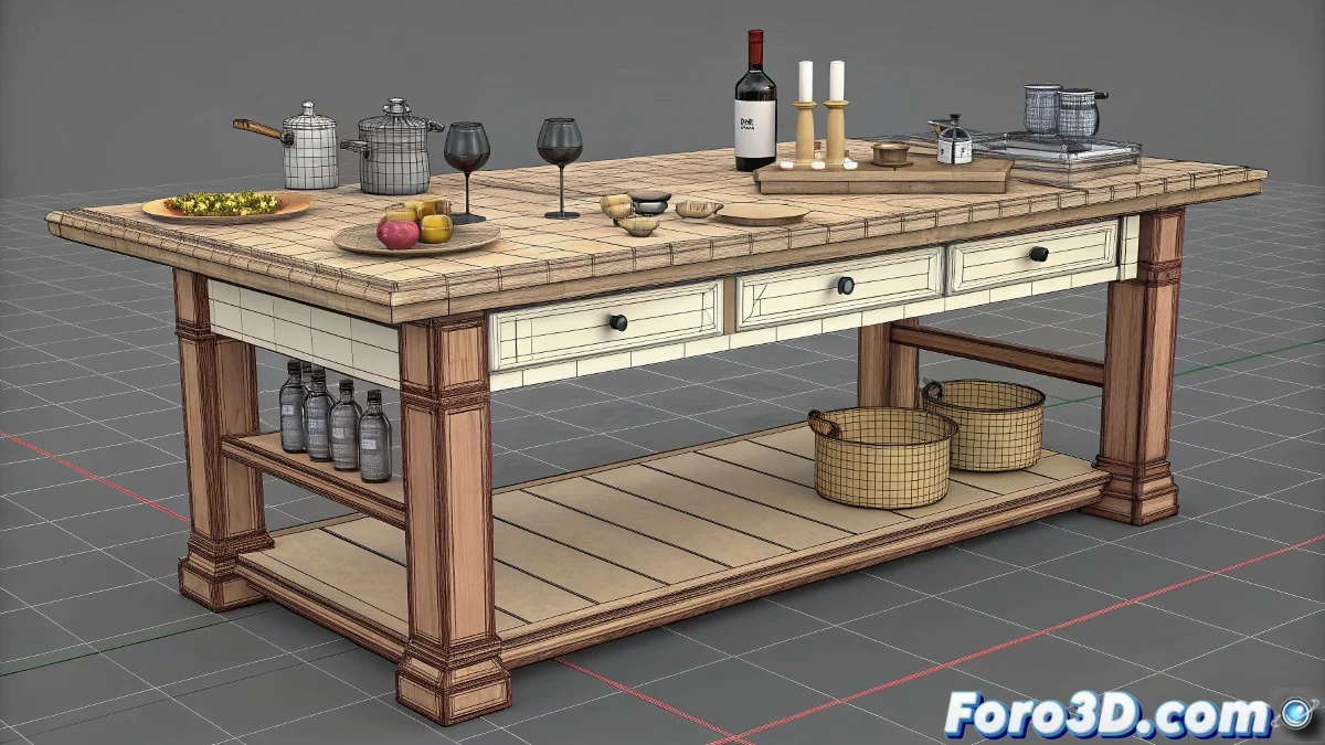 Secuencia de animacion en 3ds Max donde una mesa se ensambla progresivamente partiendo de piezas separadas.