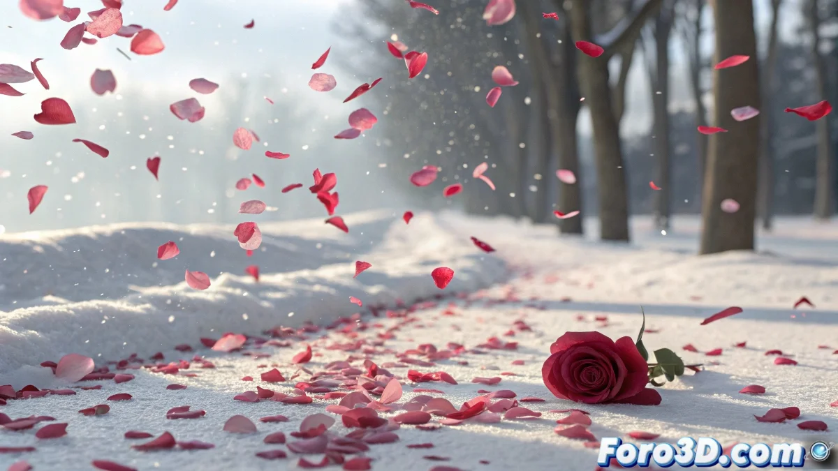 Sistema de particulas en 3ds Max mostrando petalos de rosa cayendo con trayectorias aleatorias y rotaciones variadas, influenciados por fuerzas de viento y turbulencia.