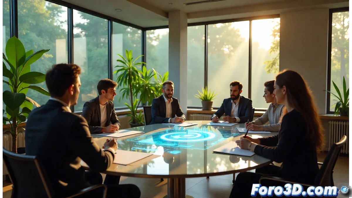 Nuevo presidente de AnimFrance dirigiendo reunión ejecutiva con gráficos de animación francesa en pantallas de fondo