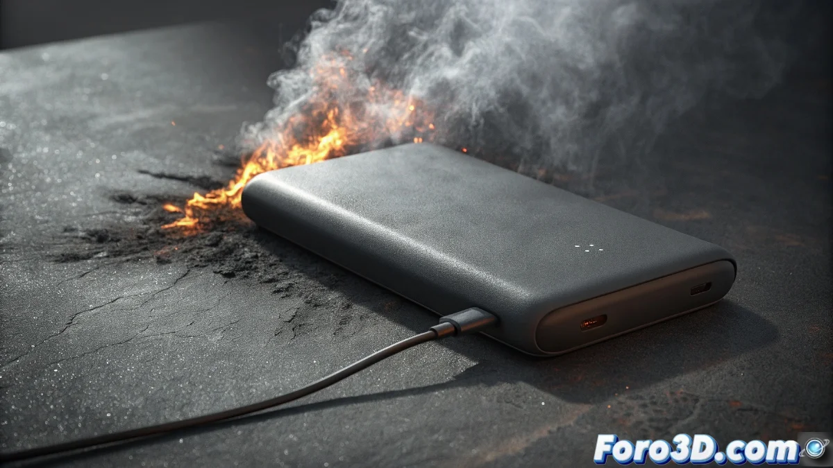 Batería externa Anker PowerCore mostrando signos de sobrecalentamiento con humo saliendo de las conexiones USB