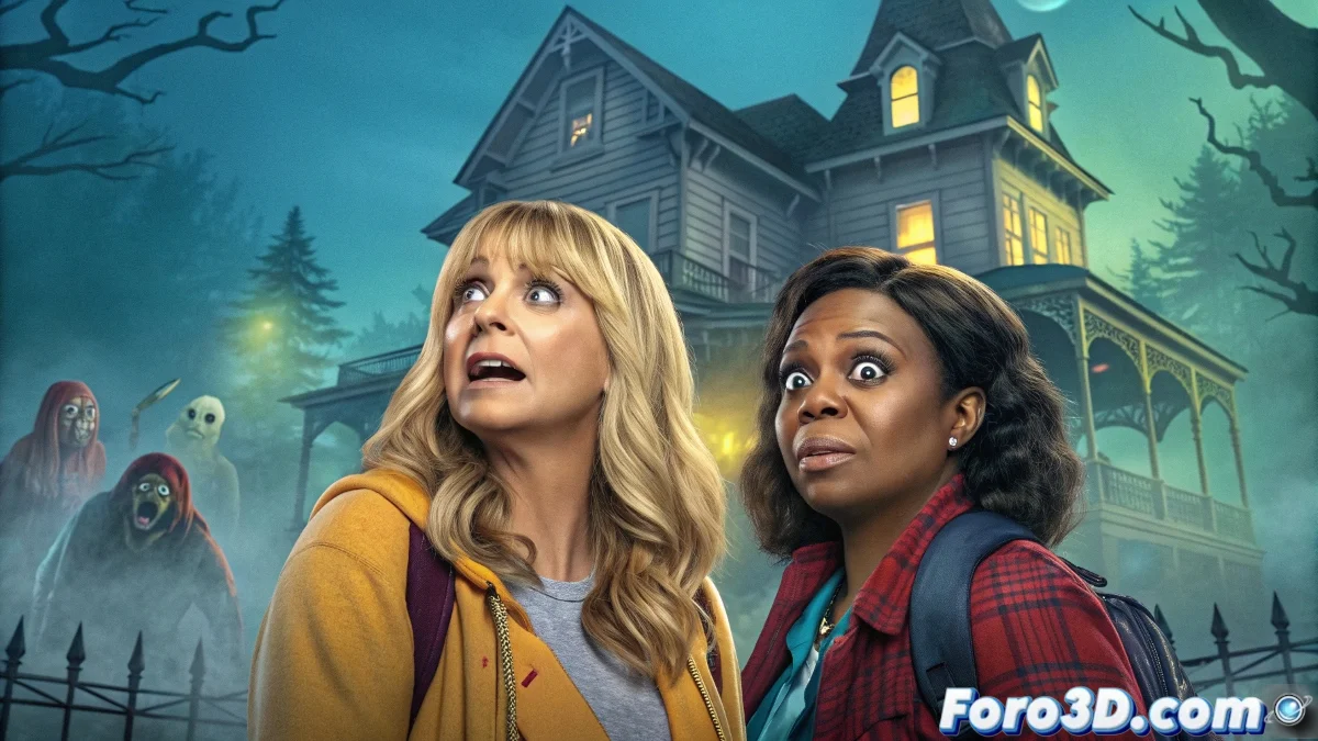 Anna Faris como Cindy Campbell y Regina Hall como Brenda Meeks en pose cómica, con fondos que parodian escenas de Midsommar, Get Out y Smile