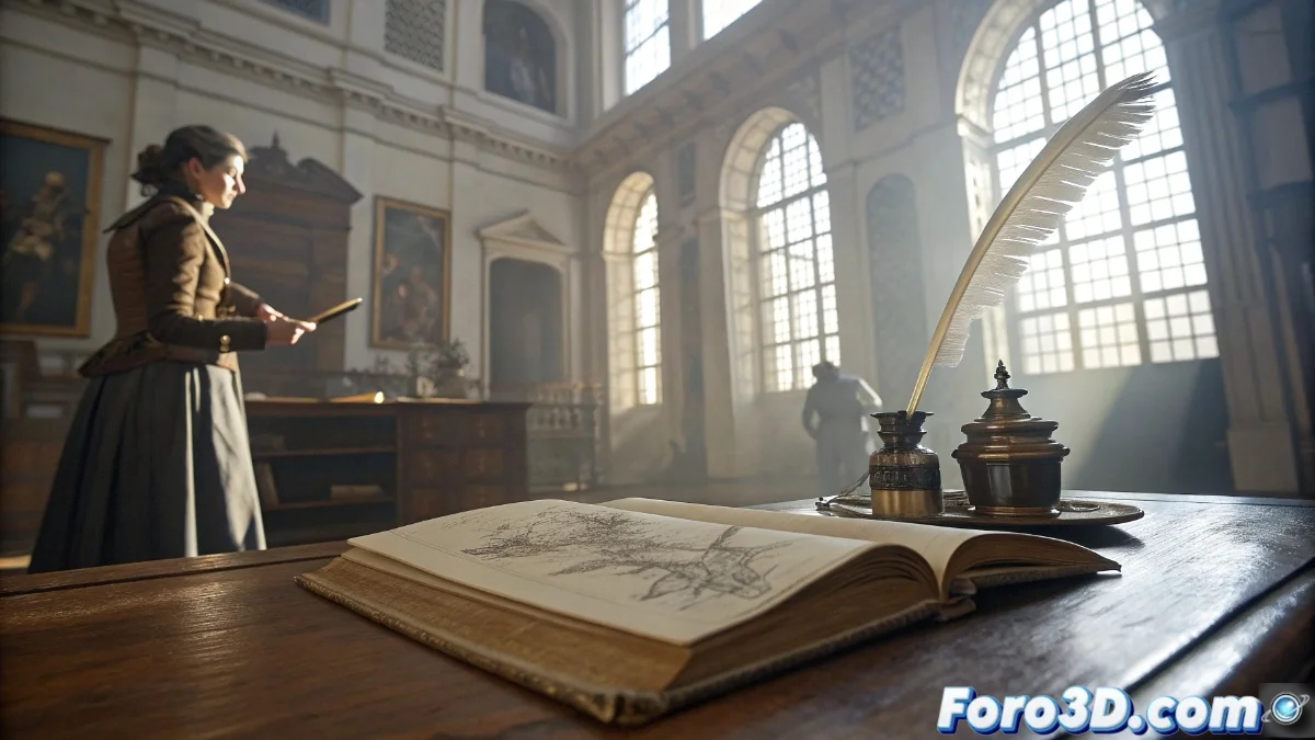 Investigadora examinando documentos históricos y diarios de mujeres del siglo XIX sobre arquitectura, con ilustraciones de planos domésticos y palaciegos de la época