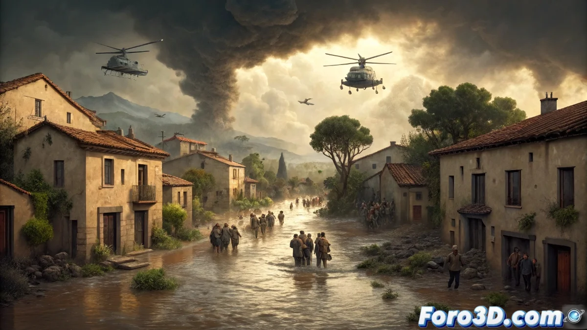 Antonio Banderas con expresión seria durante una declaración pública sobre desastres naturales, con imágenes de inundaciones y rescates de fondo.