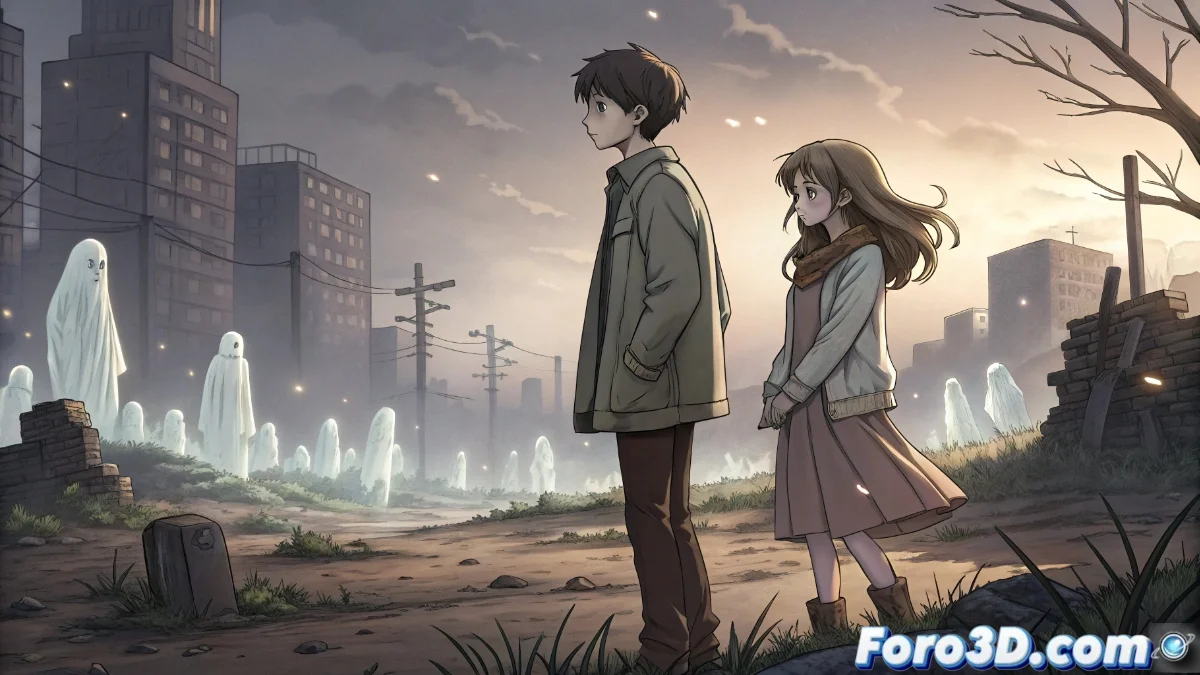 Ilustración promocional de Death Stranding Isolations mostrando a los protagonistas jóvenes en un paisaje postapocalíptico con entidades espectrales emergiendo, estilo anime 2D tradicional.