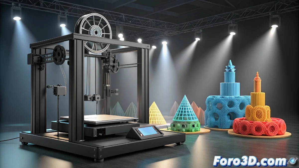 Impresora Anycubic FDM multi-material en funcionamiento junto a modelos impresos en resina de alta precisión, mostrando detalles microscópicos y variedad de colores.