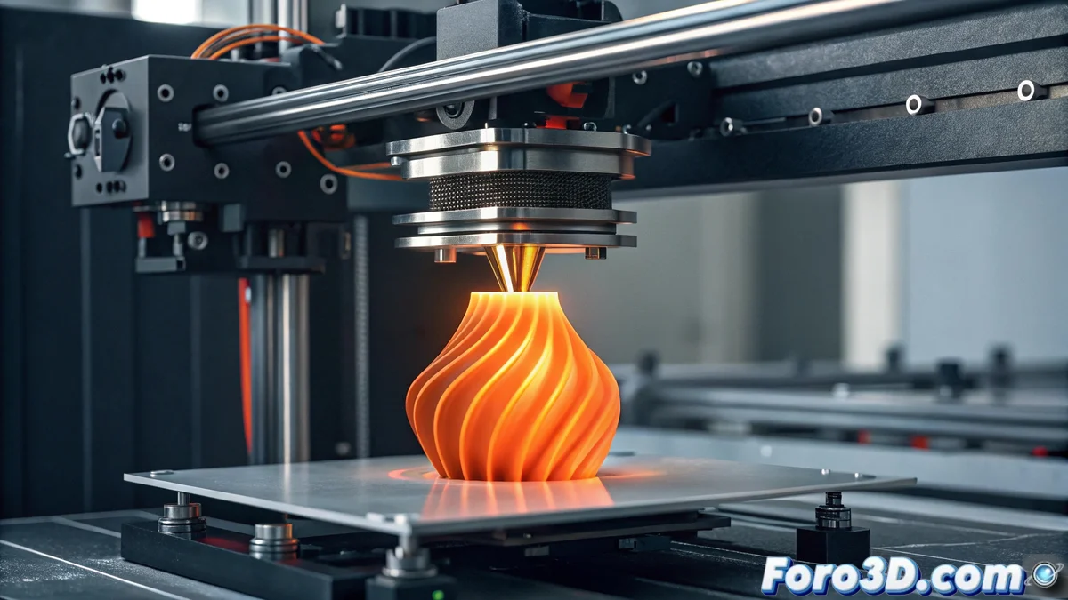 Diagrama técnico mostrando simulación de trayectorias de impresión 3D optimizadas con análisis de flujo de material y transferencia de calor en una impresora FFF industrial.