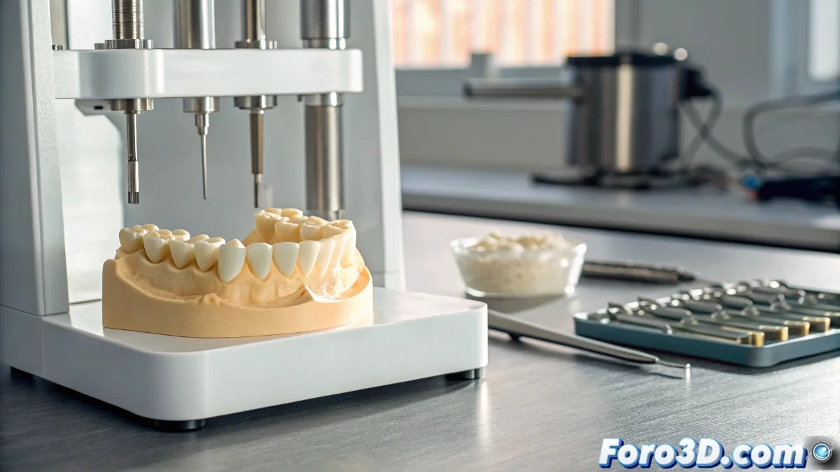 Sistema de impresión 3D SprintRay produciendo una corona dental en una clínica odontológica moderna con dentista manipulando el software de diseño