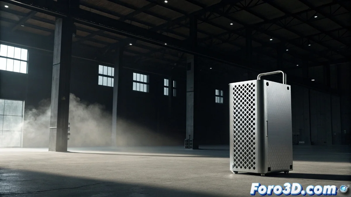 Torre Mac Pro sobre mesa de trabajo con pantallas mostrando interfaces de software profesional