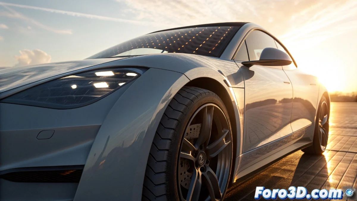 Vehículo eléctrico Aptera Launch Edition con componentes impresos en 3D destacados en color naranja, mostrando detalles internos y piezas aerodinámicas