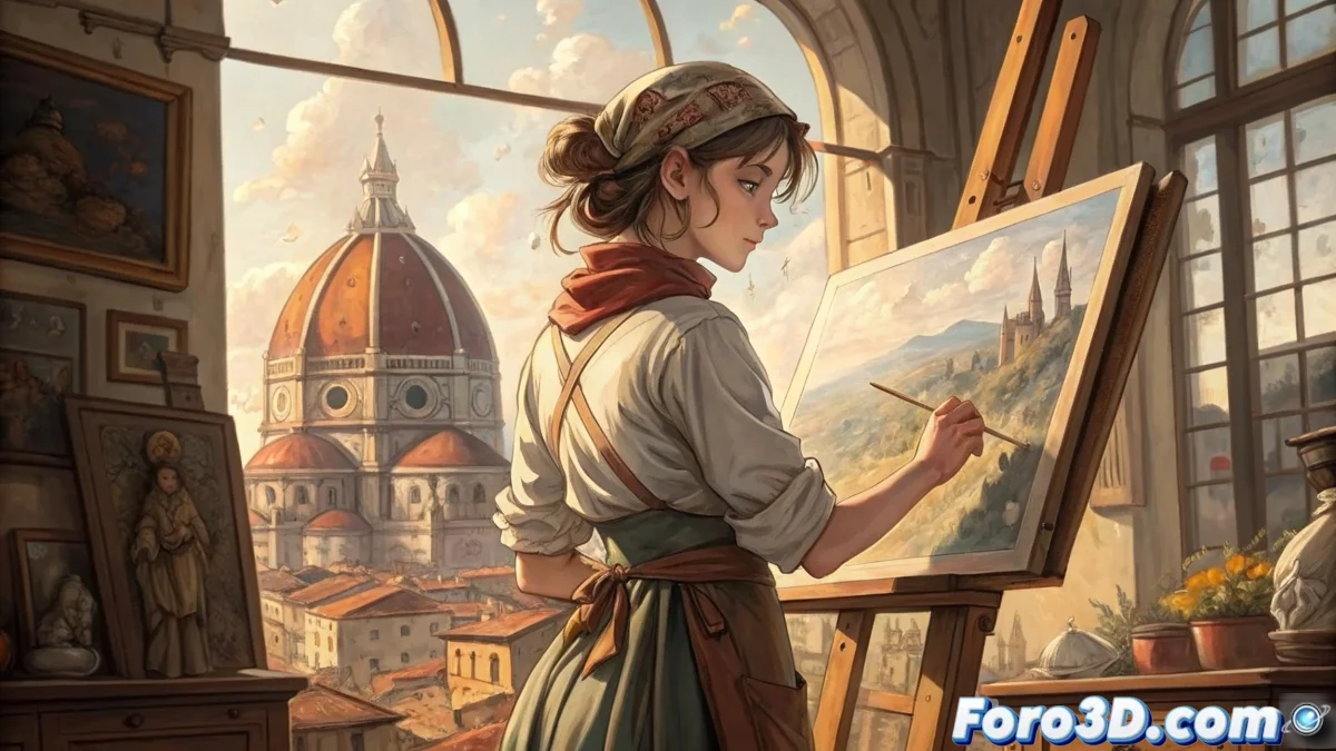 Portada del manga Arte volumen 19 publicado por Arechi Manga, mostrando a la protagonista en taller renacentista con bocetos y herramientas de arte.