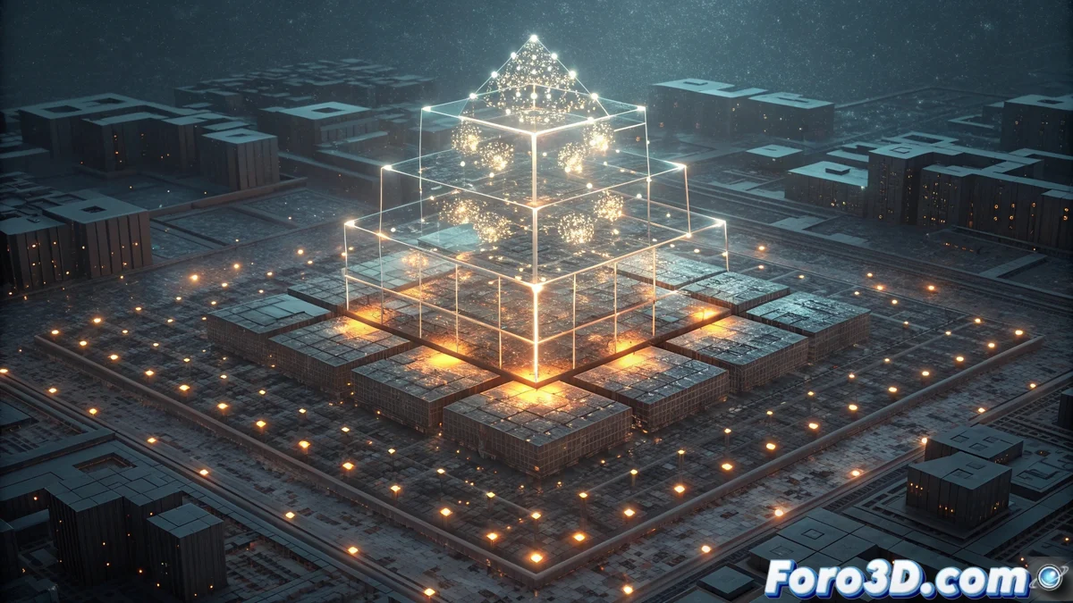 Diagrama de una estructura octree mostrando nodos jerárquicos con subdivisiones y bloques de voxeles coloreados, ilustrando la gestión eficiente de memoria en Goxel.