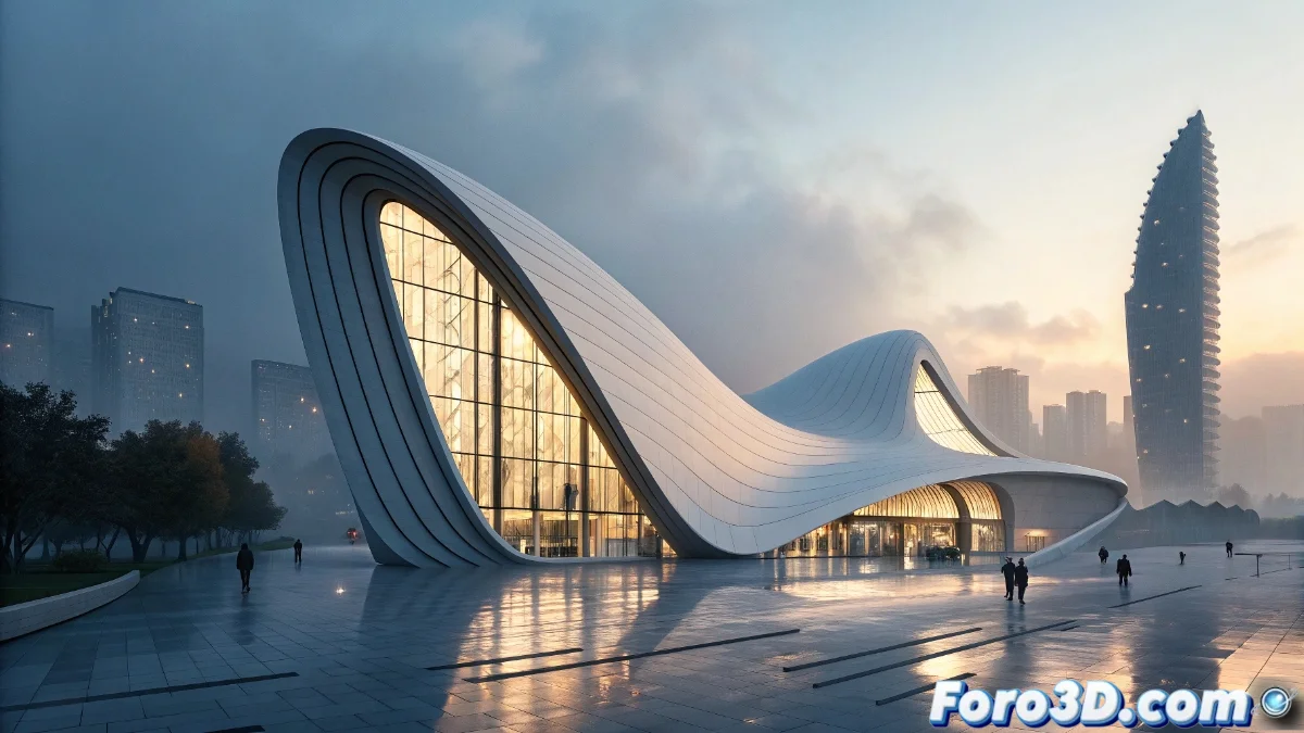 Estructura arquitectónica con fachada ondulante que simula el movimiento fluido, integrando paneles adaptativos y sensores ambientales en un diseño biomórfico contemporáneo