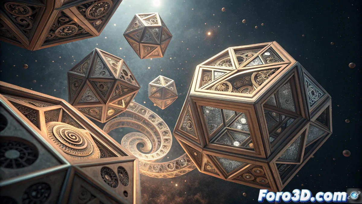 Vista en perspectiva 3D de una escalera helicoidal generada con el modificador Array en Blender, mostrando copias sucesivas con rotación y desplazamiento progresivo.