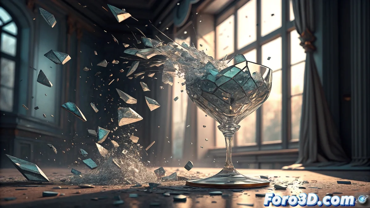 Composición artística digital que muestra múltiples objetos cristalinos en proceso de colisión y fractura, con partículas congeladas en el aire y efectos de luz dramáticos que realzan la belleza del caos controlado.