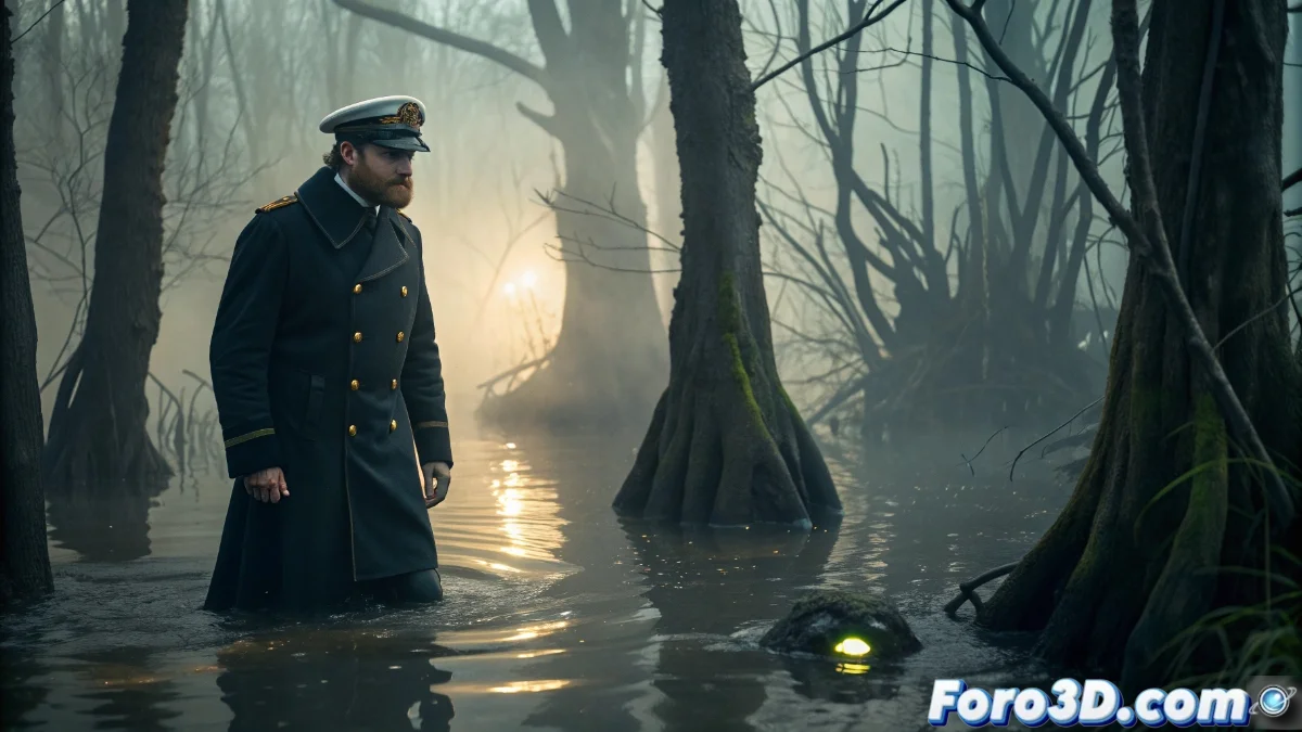 Fotograma del cortometraje Mesofaune mostrando al capitán avanzando por un pantano oscuro con reflejos acuáticos, la criatura misteriosa semi-sumergida y ambiente visual creado con shaders compute.