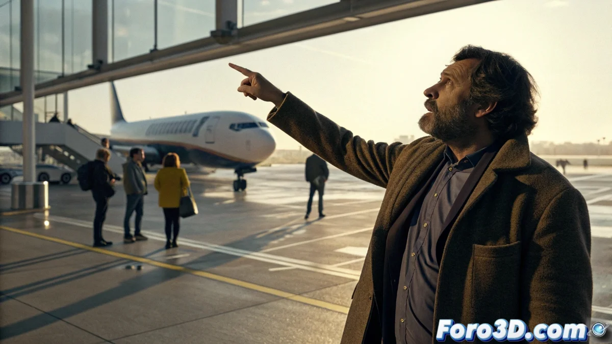 Arturo Pérez Reverte escribiendo en su ordenador con pantalla mostrando la aplicación de Ryanair en segundo plano