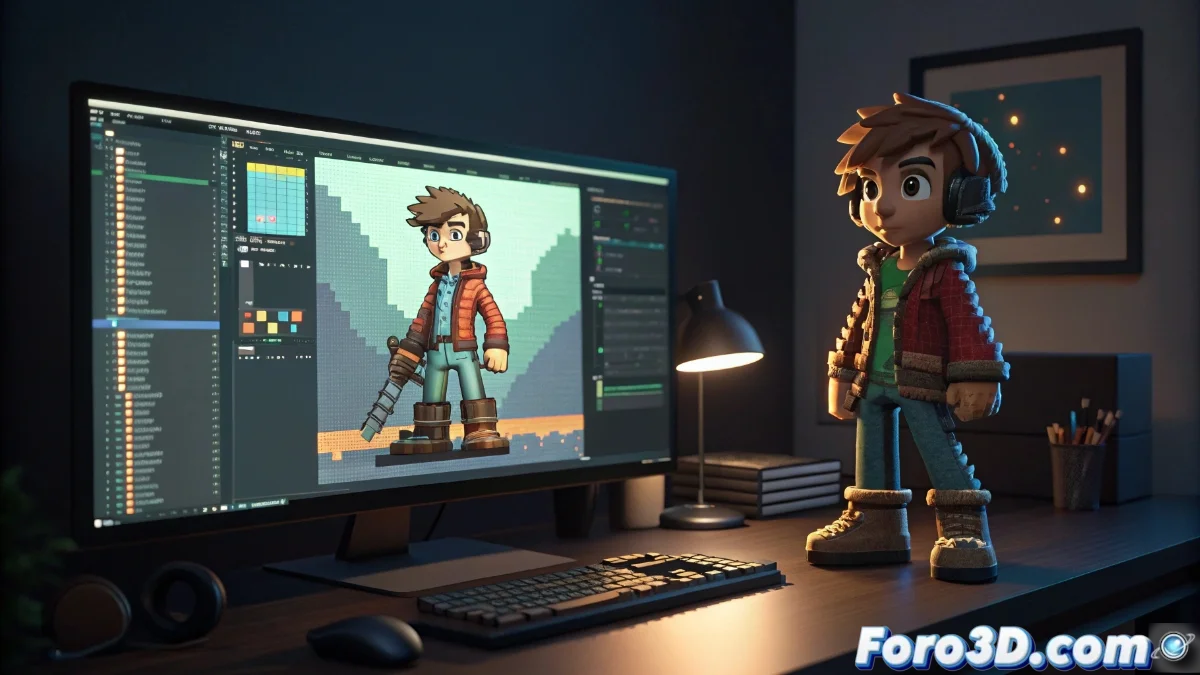 Comparativa visual entre interfaz de Aseprite con sprite pixelado 2D y Goxel mostrando modelo voxel 3D junto a su exportación como sprite bidimensional
