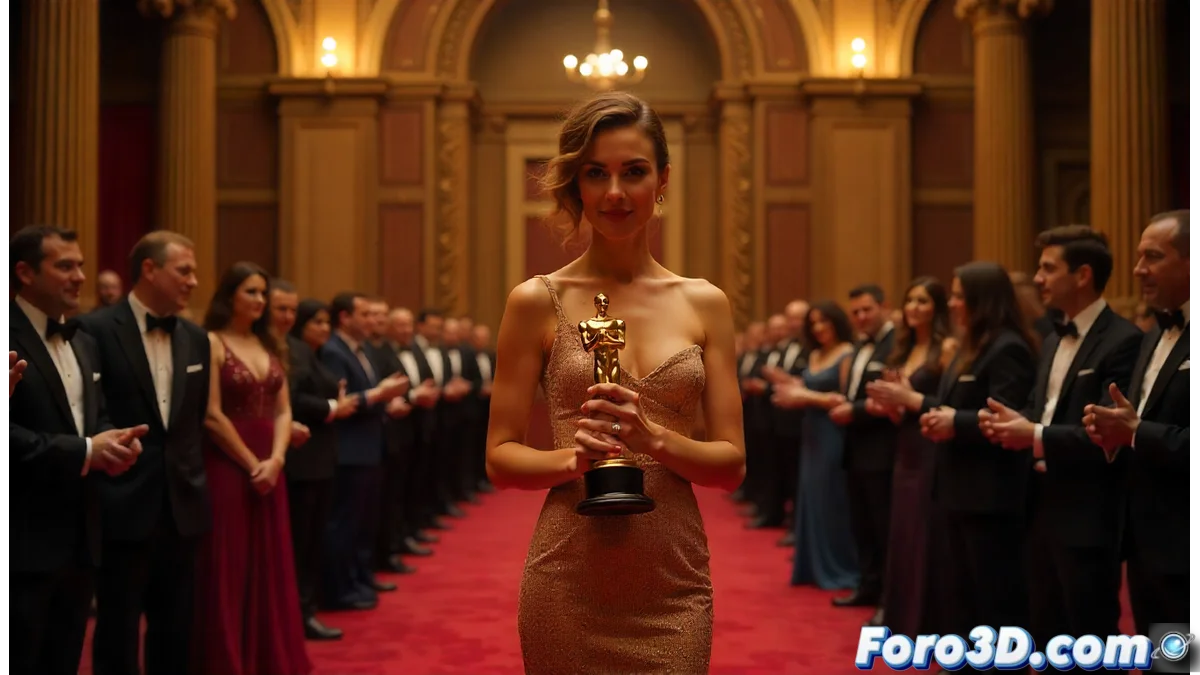 Marta Fernández-Muro en un momento emotivo durante una actuación dramática, con fondo de escenario cinematográfico y luz cálida destacando su expresión artística