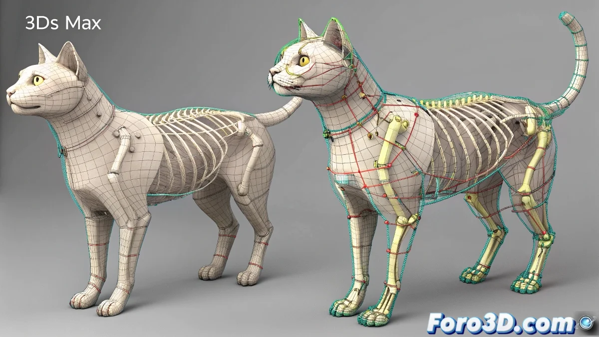 Flujo de trabajo en 3ds Max mostrando la exportacion de animacion BIP desde un modelo riggeado y su aplicacion en otro modelo con rig equivalente.