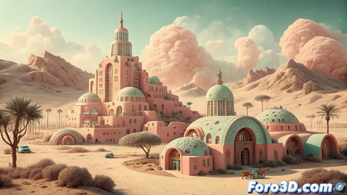 Escena de Asteroid City mostrando la composición simétrica característica de Wes Anderson con integración de miniaturas y efectos visuales digitales por Gorilla VFX.