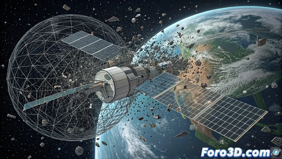 Astronauta en Blender realizando una maniobra evasiva mientras fragmentos de basura espacial se acercan a alta velocidad en órbita terrestre.