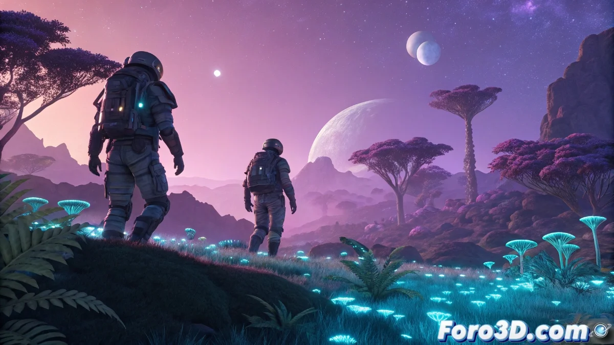 Captura de pantalla de Astroneer mostrando un personaje personalizado explorando un planeta alienígena colorido con herramientas de terraformación en la interfaz de PlayStation 5