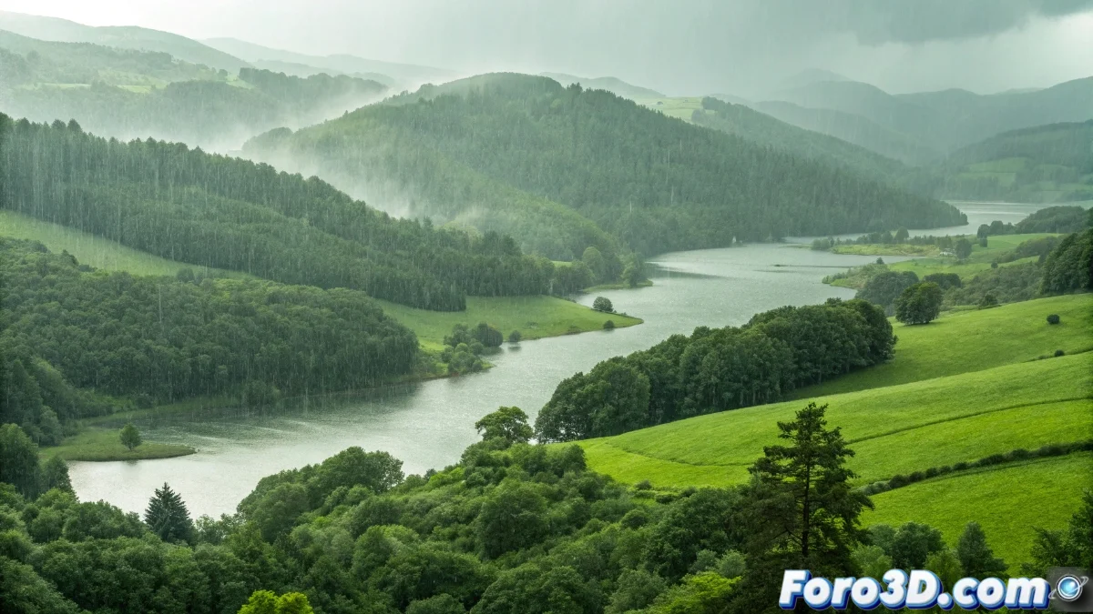 Mapa físico de Asturias con superposición de datos pluviométricos mostrando acumulación de precipitaciones en diferentes zonas, con iconos de gotas de agua y gráficos de niveles de embalses