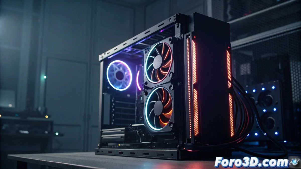 Tarjeta gráfica Asus ROG Matrix RTX 5090 con iluminación RGB y disipador masivo, mostrada en una configuración de overclocking con monitores de frecuencia y temperatura en fondo oscuro.