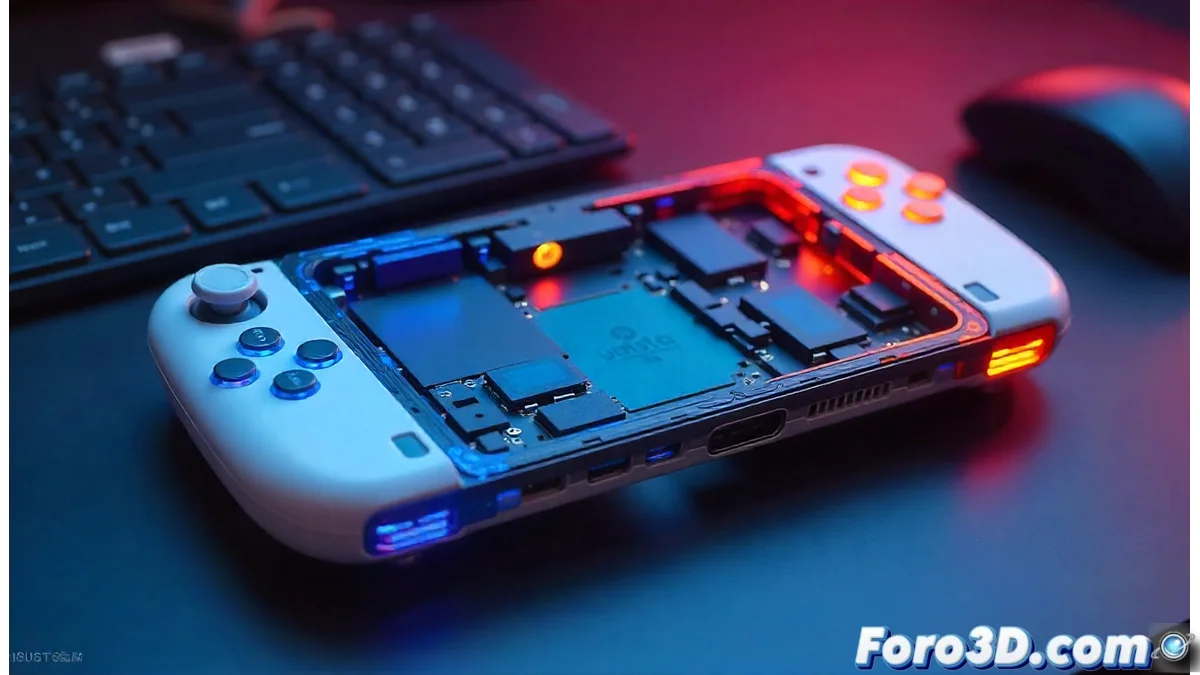 ROG Ally X mostrando la interfaz de Armory Crate SE con gráficos de gestión de núcleos E y P en tiempo real, junto a otros modelos de handhelds Asus en fondo oscuro con iluminación RGB.