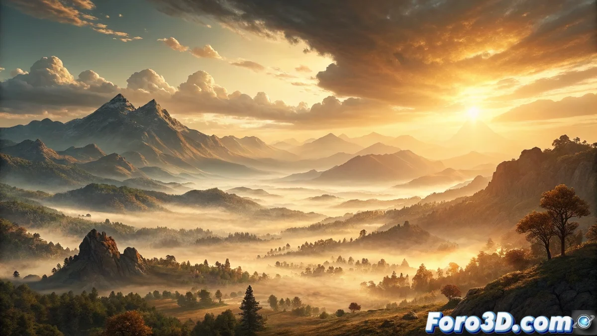 Vista en primera persona de un paisaje exterior en Unreal Engine con niebla atmosférica densa, mostrando cómo la luz solar se dispersa creando tonos azules y anaranjados en el horizonte, con montañas difusas a lo lejos.