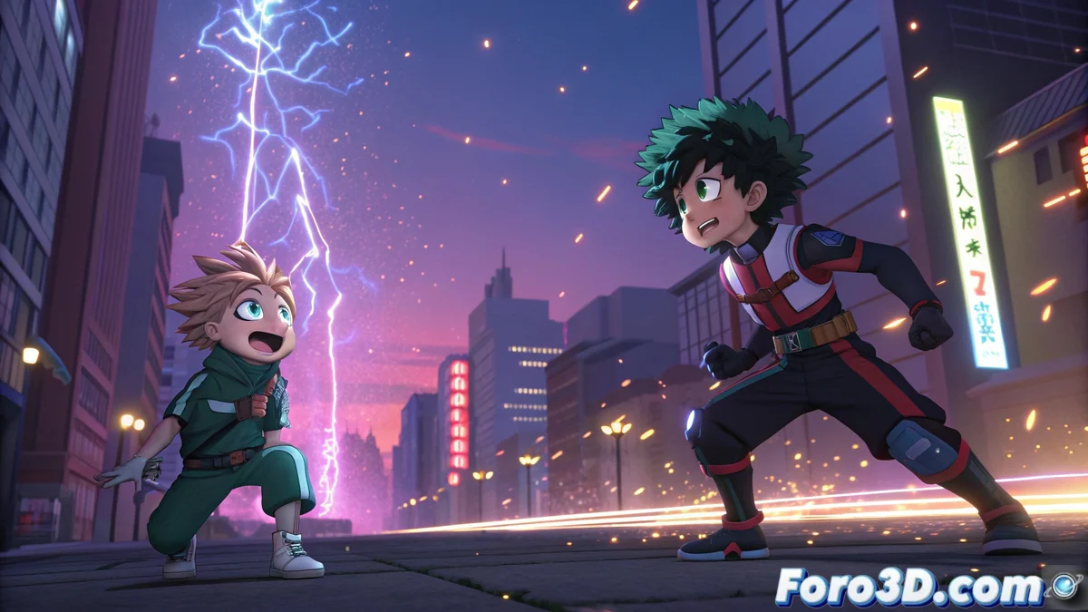 Personaje 3D con estilo anime mostrando tecnicas de cel-shading, iluminacion dramatica y expresiones exageradas tipicas de la animacion japonesa