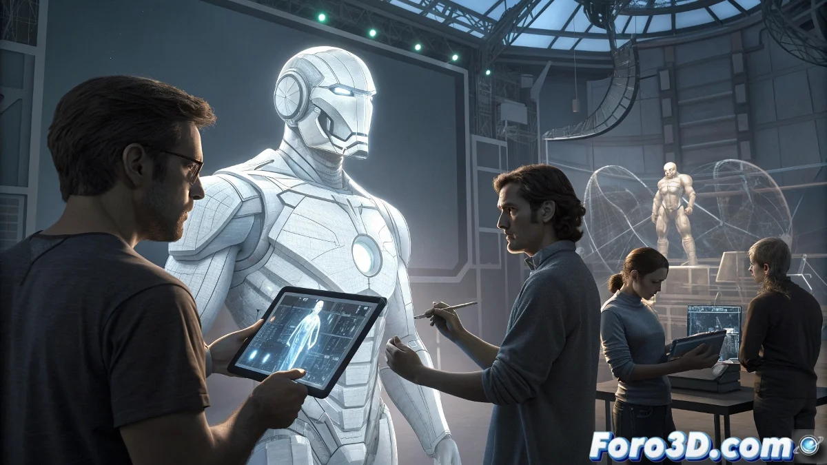 Interfaz de Autodesk Maya 2025 mostrando herramientas de IA para animación de personajes y panel de colaboración en tiempo real con múltiples artistas trabajando en el mismo proyecto.