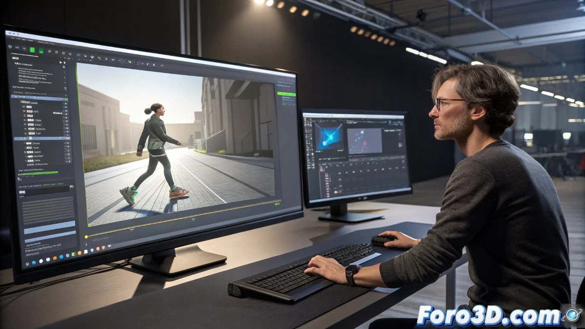 Personaje 3D animado caminando de forma realista gracias a la herramienta MotionMaker en Maya, con interfaz de software visible al fondo.