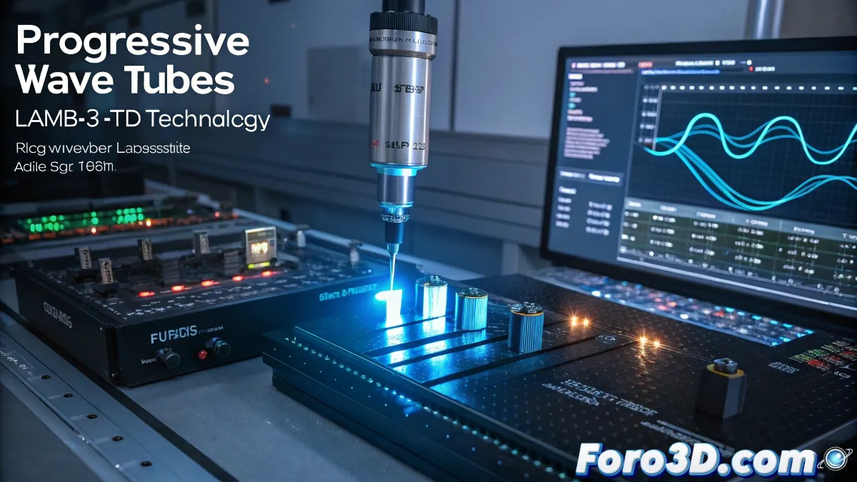 Tubos de onda progresiva (TWTs) fabricados con tecnología LAM3D, mostrando detalles de circuitos avanzados en un laboratorio de alta tecnología.