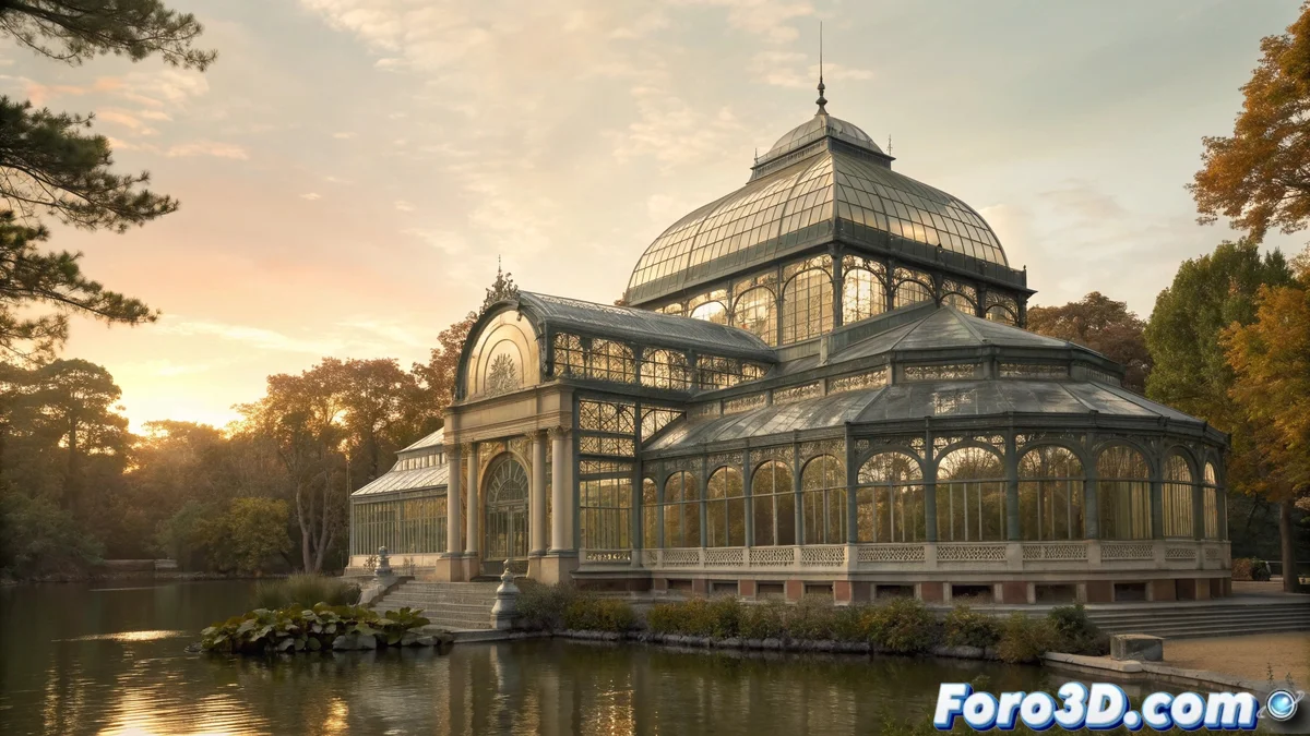 Fachada del Palacio de Cristal durante las obras de restauración, con andamios y especialistas trabajando en la estructura de vidrio y metal.