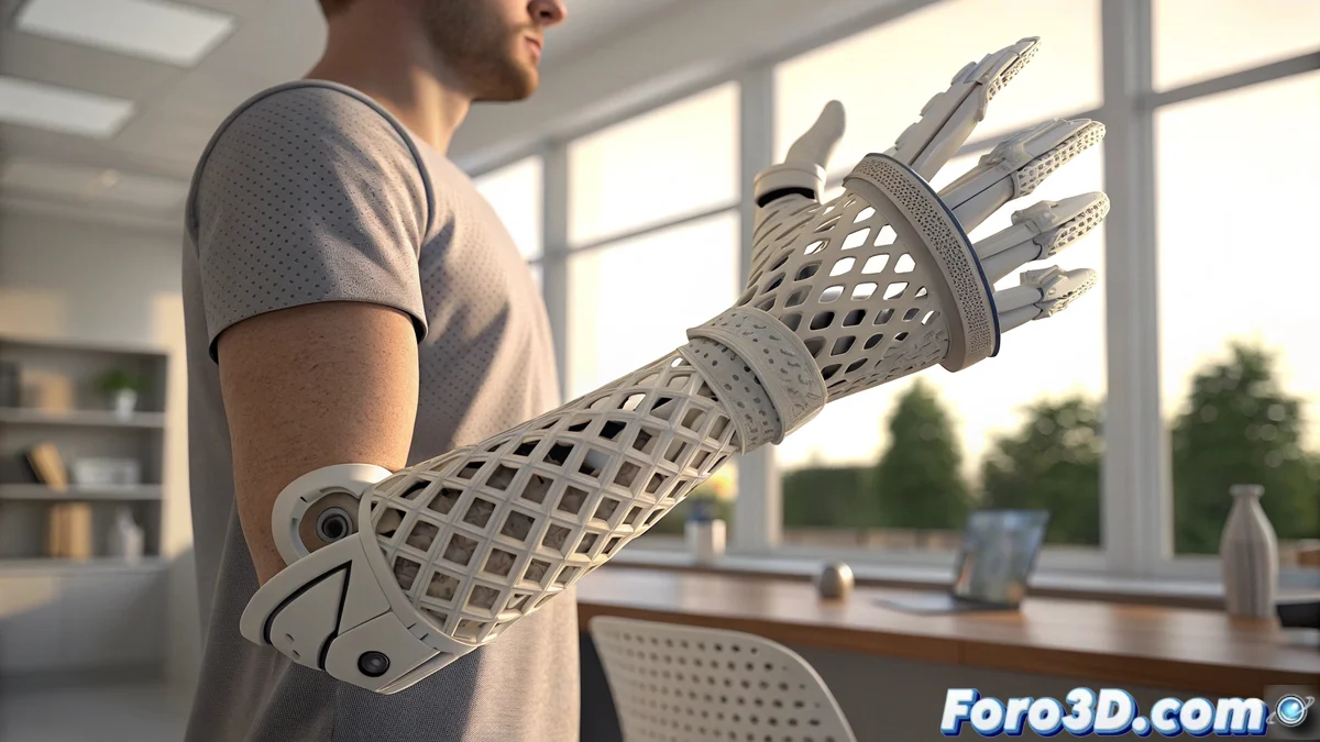 Prótesis de mano impresa en 3D siendo utilizada por persona en entorno cotidiano, mostrando detalles de diseño personalizado