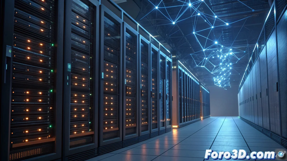 Ilustración del chip AWS Inferentia2 mostrando su arquitectura interna con núcleos de tensor y memoria de alto ancho de banda, sobre un fondo de nube digital.