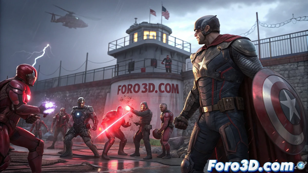 Baron Zemo reclutando villanos en la prisión Raft, con Sentry y los Thunderbolts en el fondo, en una escena llena de tensión y acción.