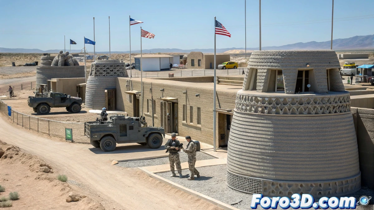 Barracones militares impresos en 3D en Fort Bliss, Texas, con soldados y tecnología de construcción aditiva en un entorno moderno y futurista.