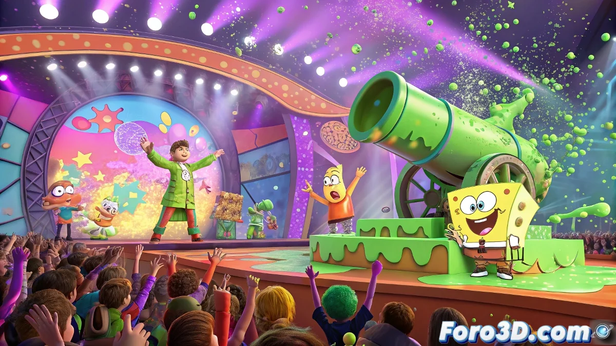 Escenario de los Kids Choice Awards con slime verde cayendo sobre celebridades mientras el público infantil ríe y aplaude en primer plano.