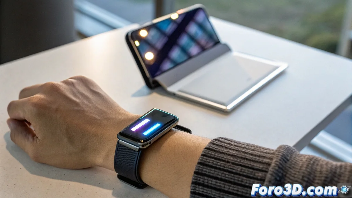 Batería flexible doblada alrededor de un smartwatch, mostrando su estructura multicapa y conexiones delgadas sobre un fondo tecnológico azul.