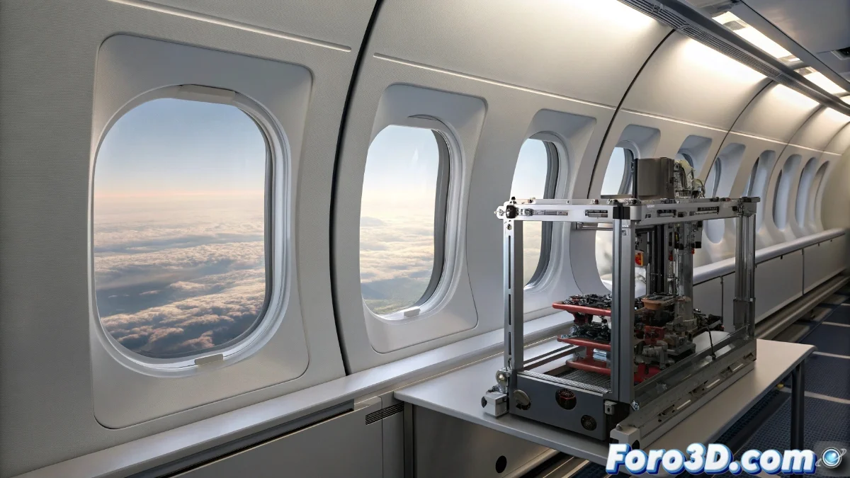 Bioimpresora especializada funcionando dentro de un avión durante maniobras parabólicas, con investigadores monitoreando la creación de estructuras de tejido muscular humano en condiciones de microgravedad