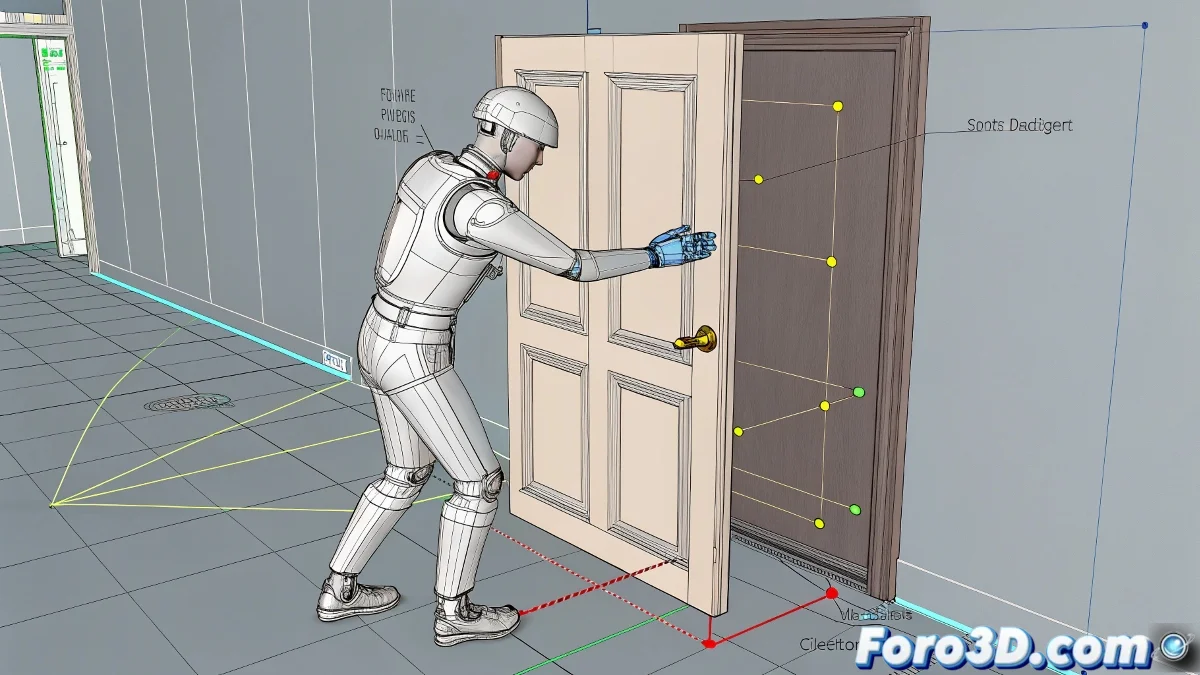 Captura de 3ds Max mostrando un Biped con mano vinculada a un Dummy en el pomo de una puerta