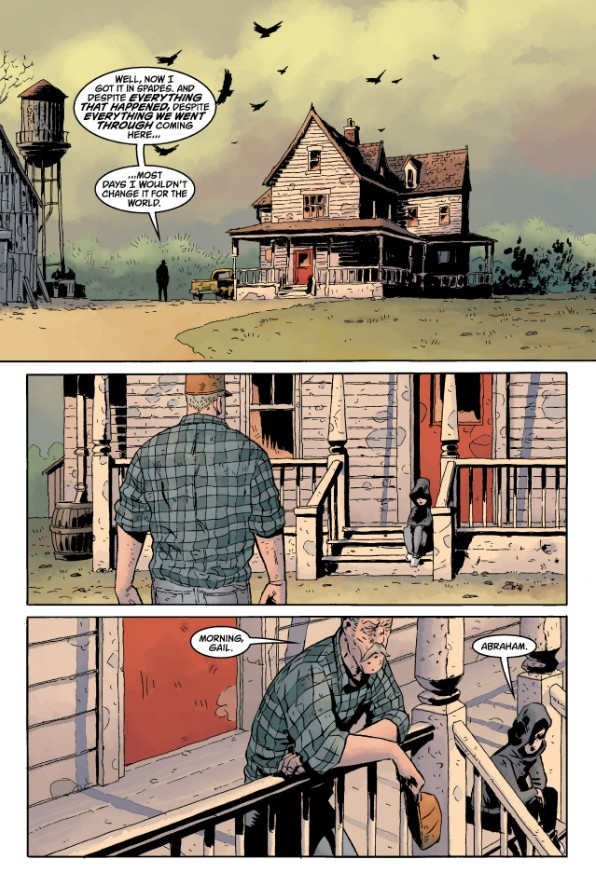 Portada del cómic Black Hammer mostrando a los héroes en la granja misteriosa con estilo melancólico y referencias a la Edad de Oro del cómic.