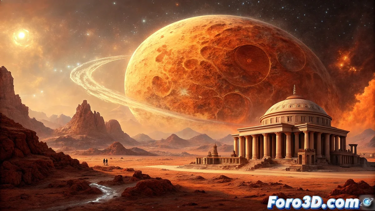 Portada de Black Magic mostrando a Duna Typhon frente a la supercomputadora Nemesis en el paisaje futurista de Venus con arquitectura avanzada.