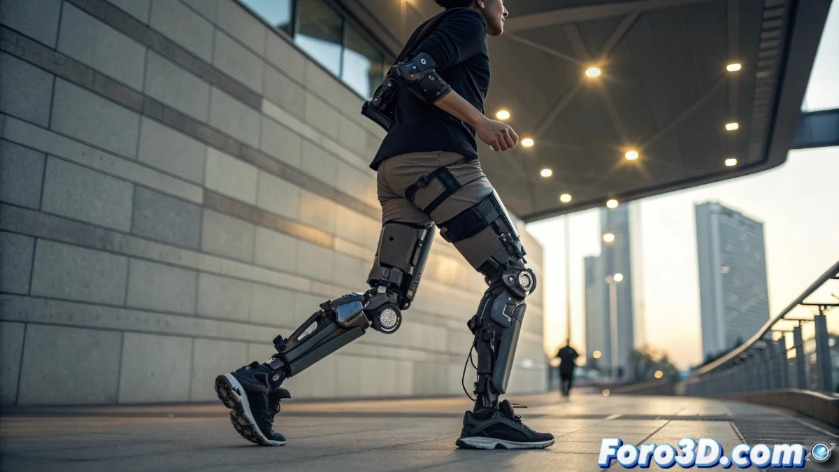 Exoesqueleto BLEEX acoplado a un usuario caminando con mochila pesada, mostrando componentes hidráulicos y estructura ligera
